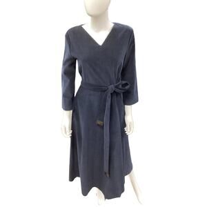 ‘S MaxMara Dress Women’s Size 10 Corduroy Belted V-Neck Back Zipper Navy Blue